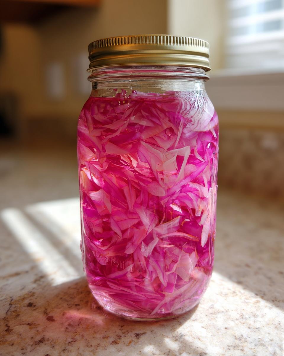 A glass jar filled with vibrant pink pickled red onions in brine, sealed with a gold lid.