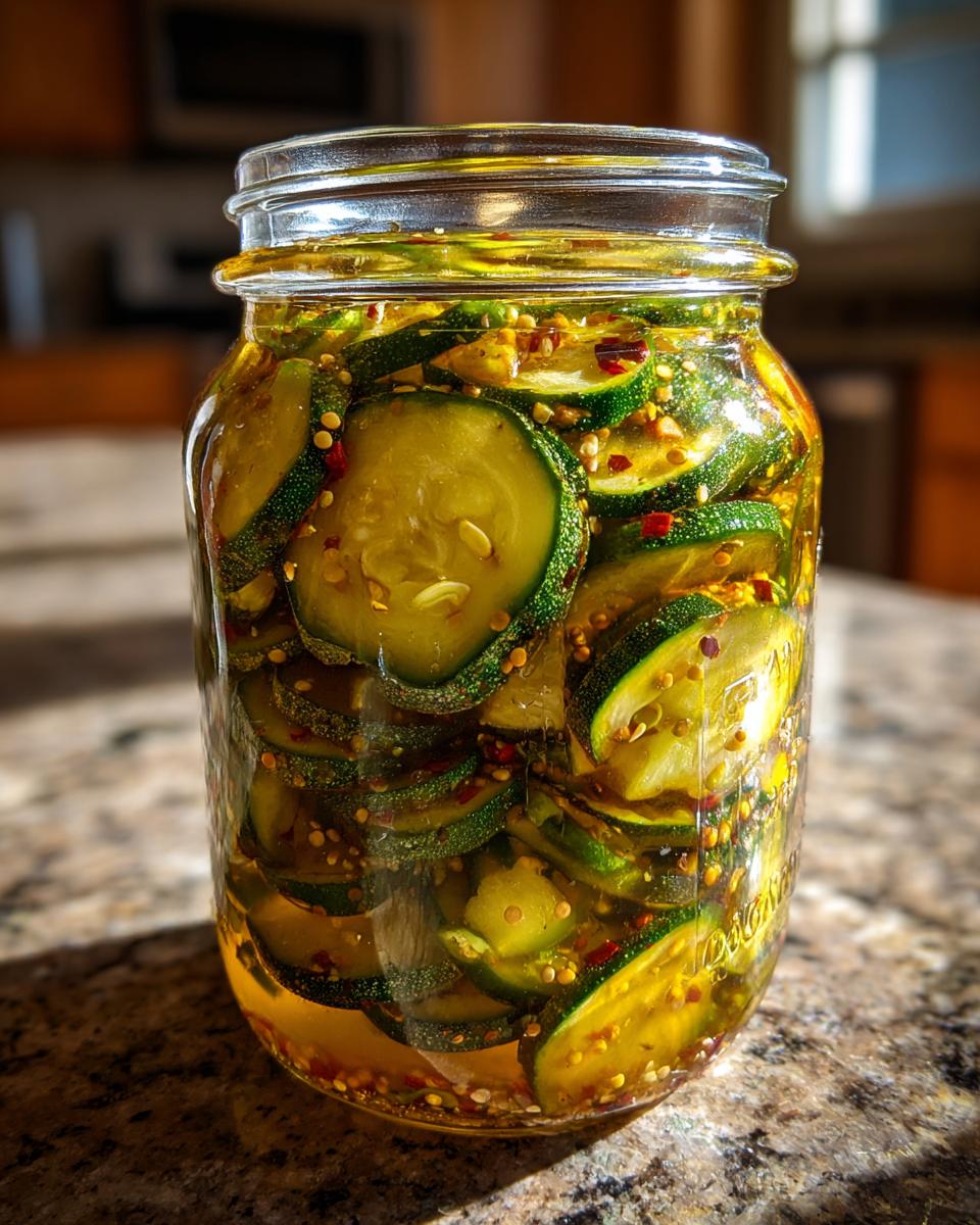 A full jar of homemade zucchini pickles, showcasing the sliced zucchini, spices, and brine.