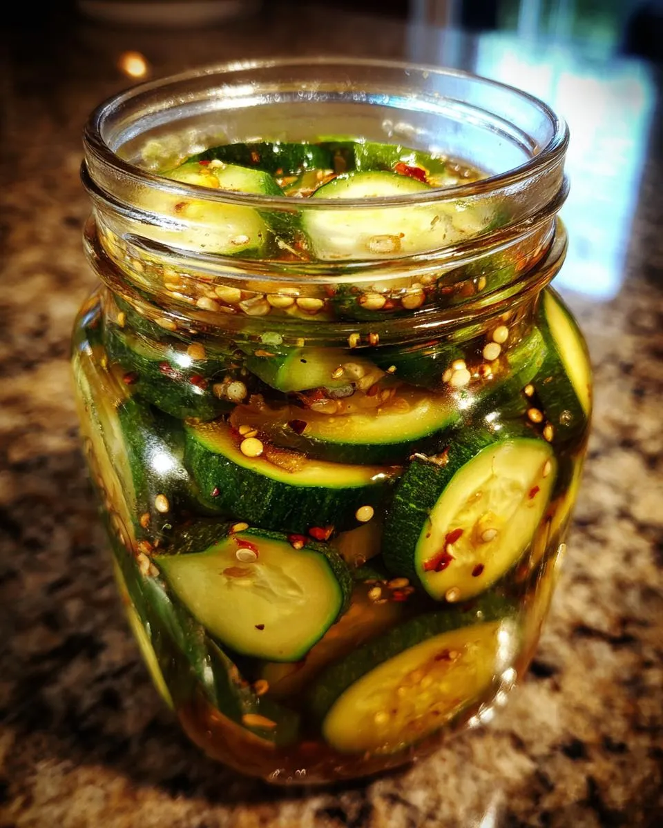 Close-up of a glass jar filled with homemade zucchini pickles, spices, and brine.