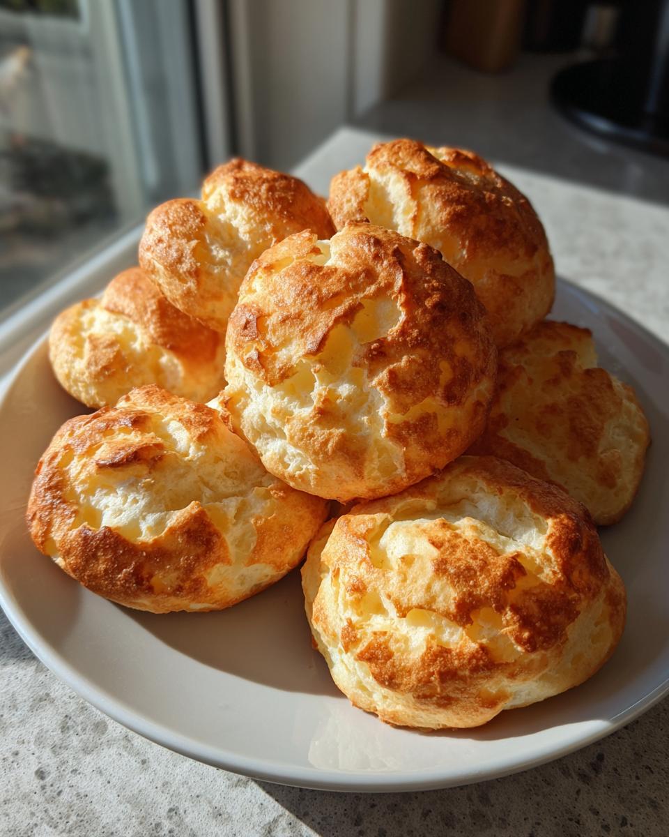 A plate of freshly baked, golden brown cloud bread, showcasing its light and airy texture.