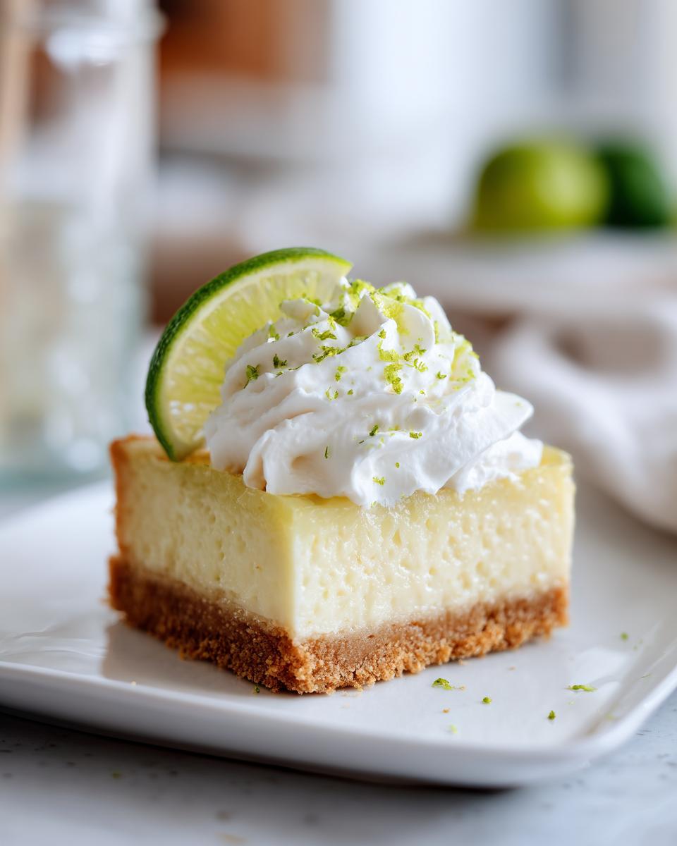 Close-up of a Key lime pie bar topped with whipped cream, lime zest, and a lime slice.