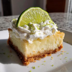 A single key lime pie bar topped with whipped cream and a lime slice, showcasing its creamy texture and graham cracker crust.