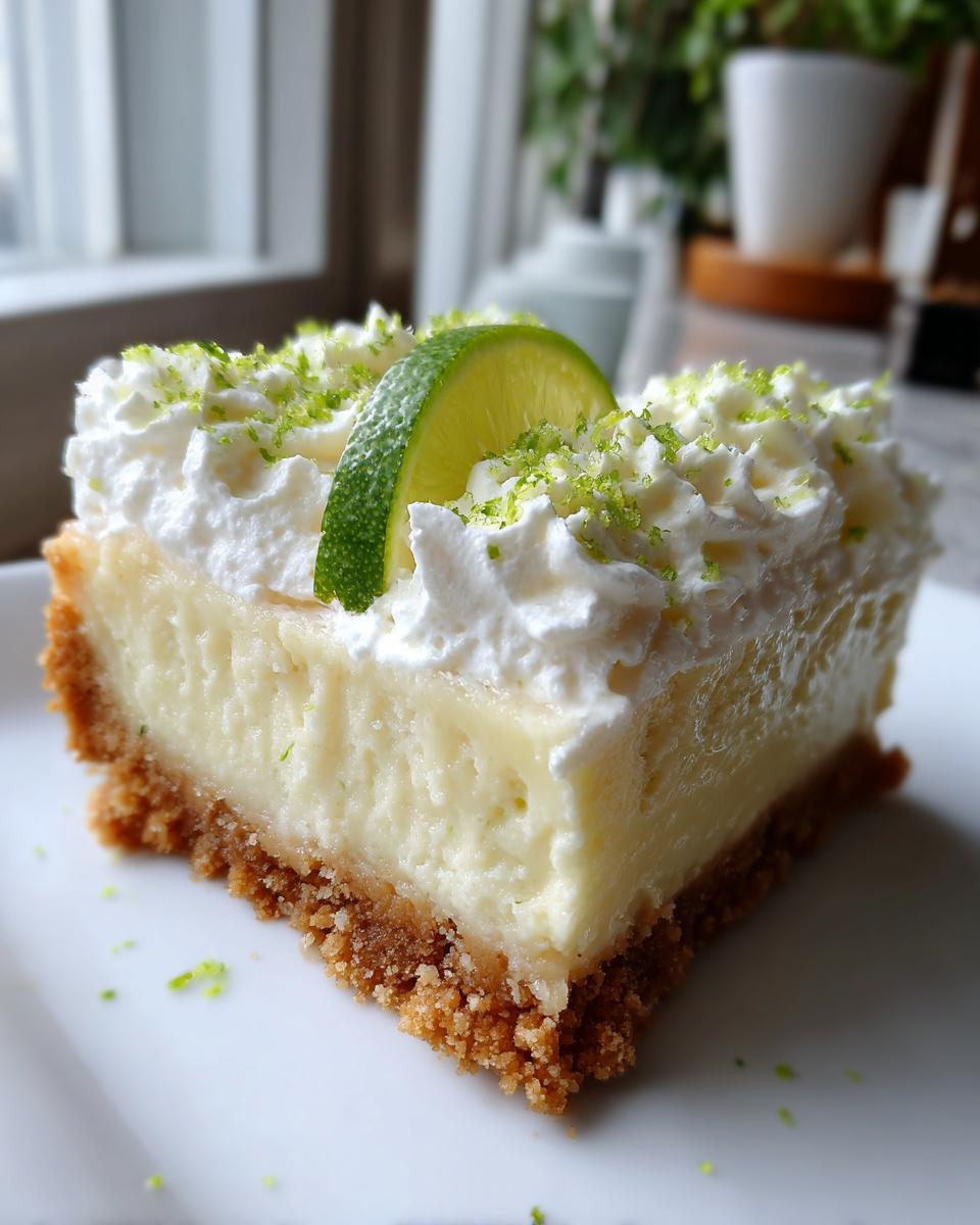A close-up of a slice of Key lime pie bars, topped with whipped cream, lime zest, and a lime wedge.