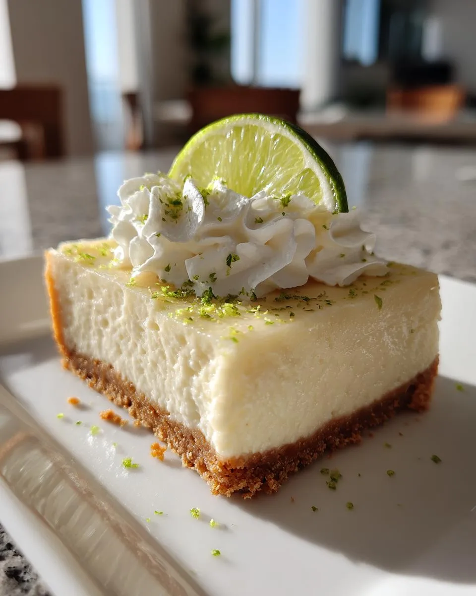 A delicious Key lime pie bar topped with whipped cream and a lime slice, showcasing its creamy texture.