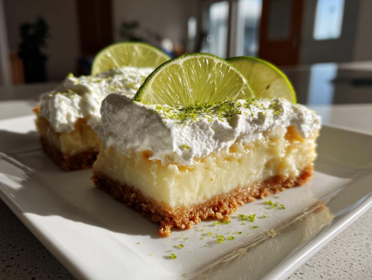 Two Key lime pie bars topped with whipped cream and a lime slice, sitting on a white plate.