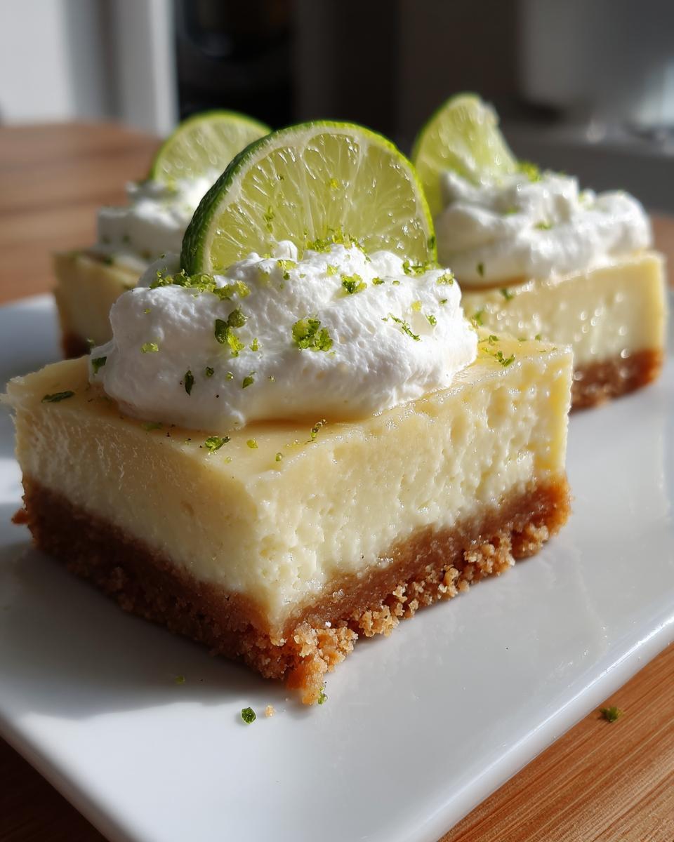 Close-up of Key lime pie bars topped with whipped cream, lime zest, and a lime slice.