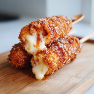 Two crispy Korean corn dogs on a wooden board, one with melted cheese oozing out.