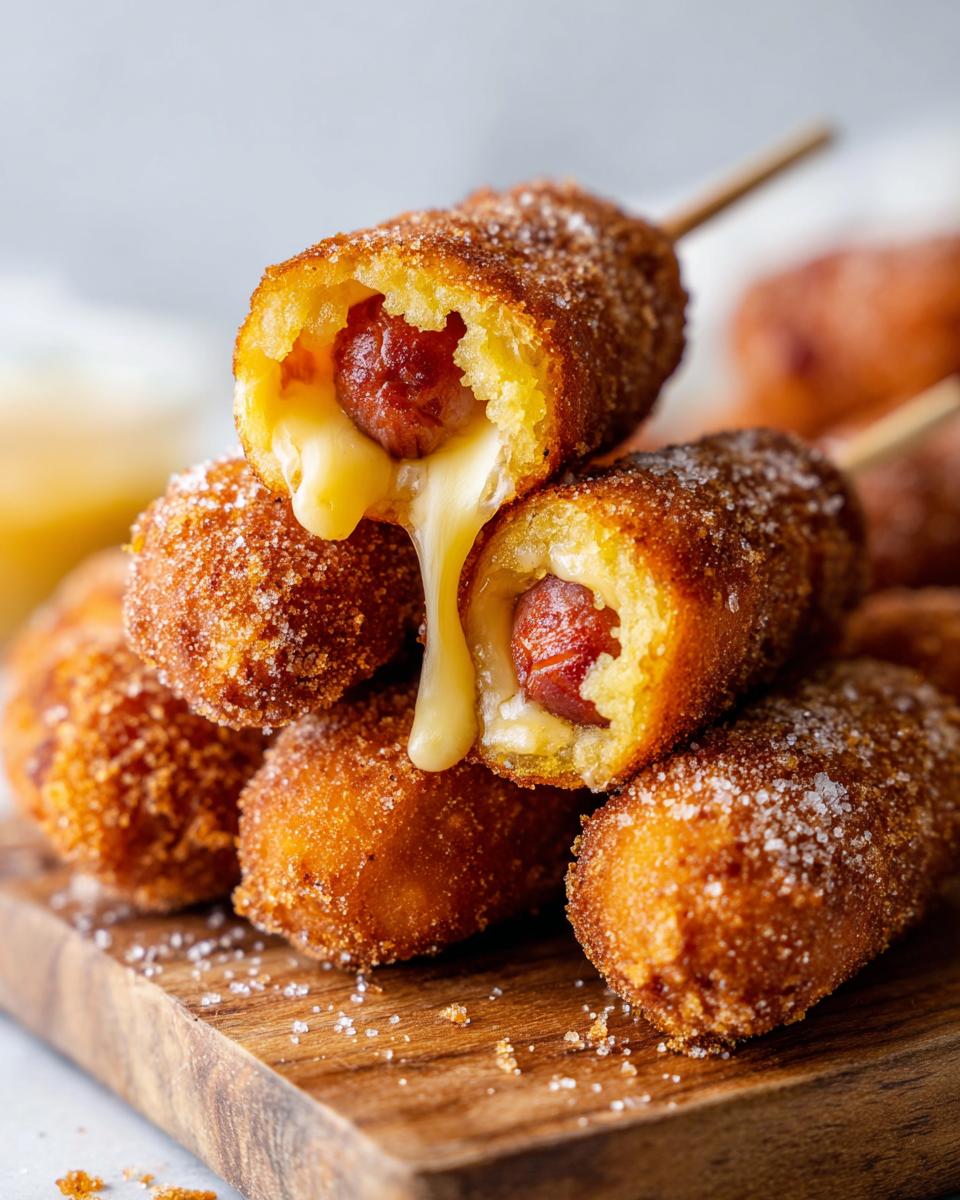 Close-up of Korean corn dogs with a cheese pull, showing the hot dog and melted cheese inside a crispy, sugar-coated exterior.