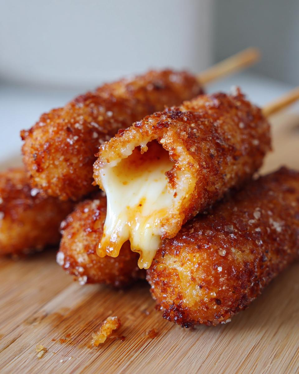 Close-up of Korean corn dogs with a crispy exterior and melted cheese oozing out.