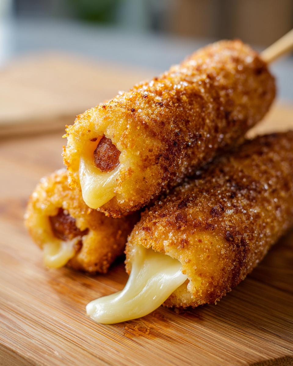 Close-up of Korean corn dogs with a cheese pull, showing the crispy exterior and melted cheese inside.