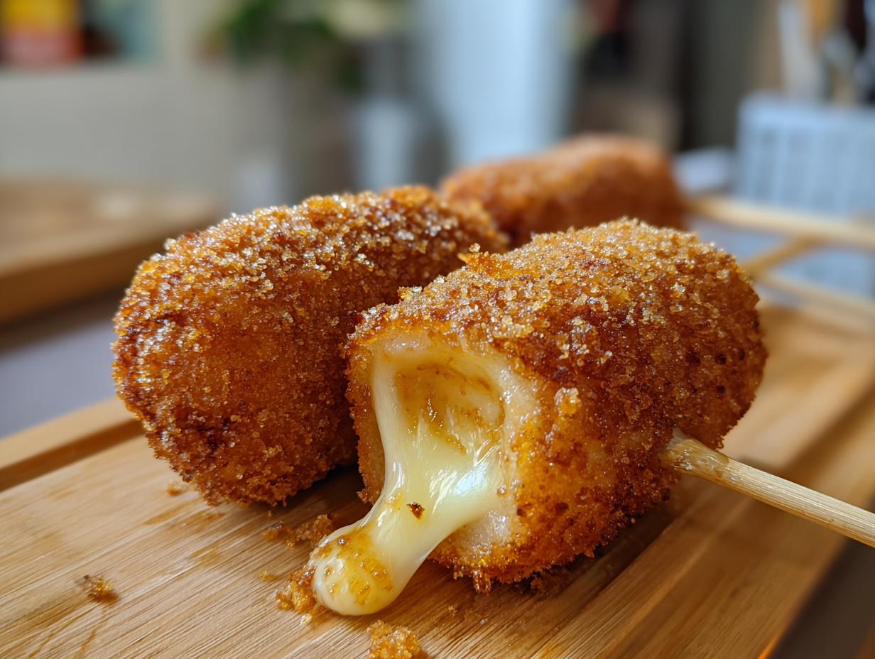 Close-up of Korean corn dogs with a cheese pull, showing the crispy exterior and melted cheese inside.