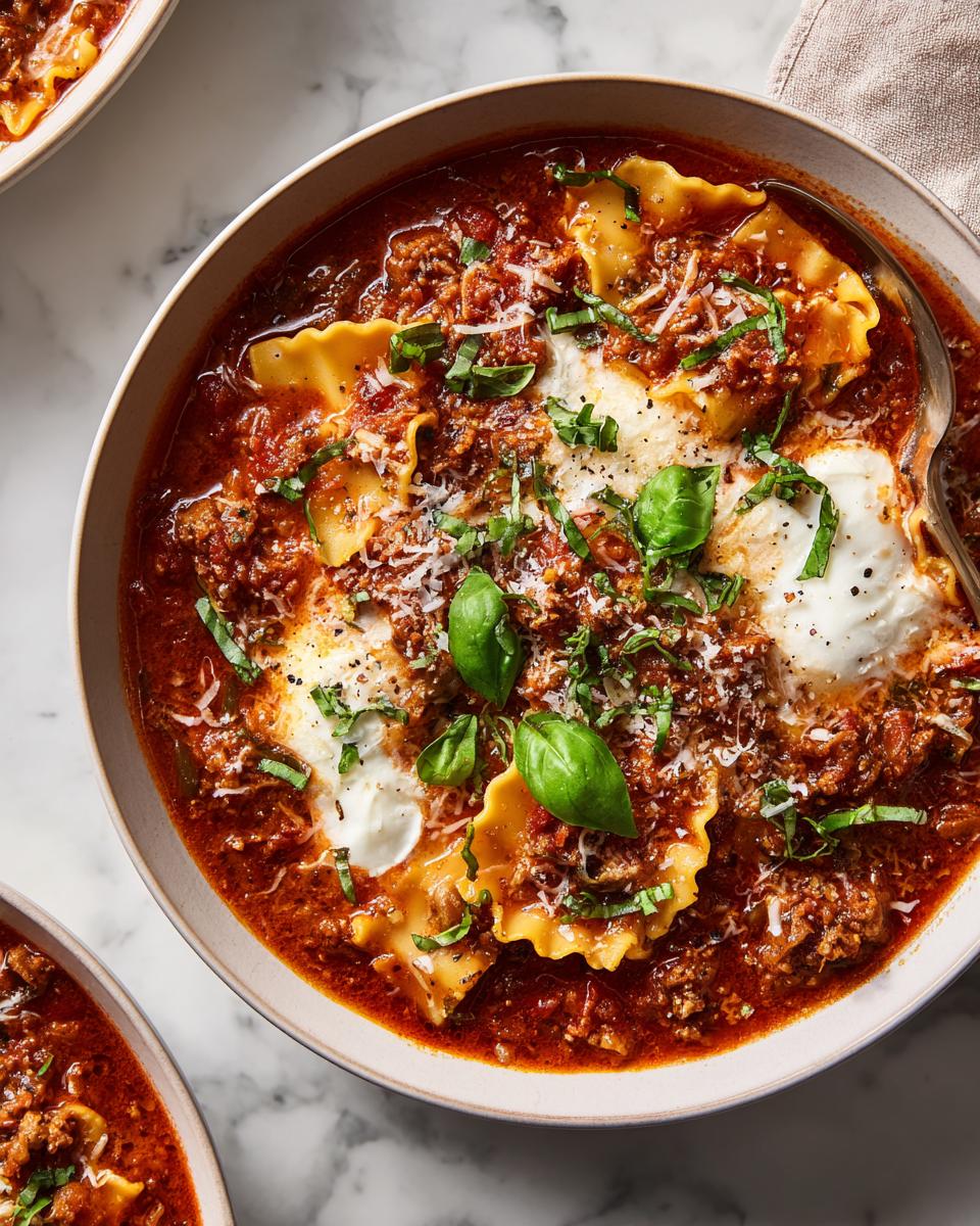 Overhead shot of a bowl of lasagna soup with pasta, meat sauce, ricotta, parmesan, and basil.