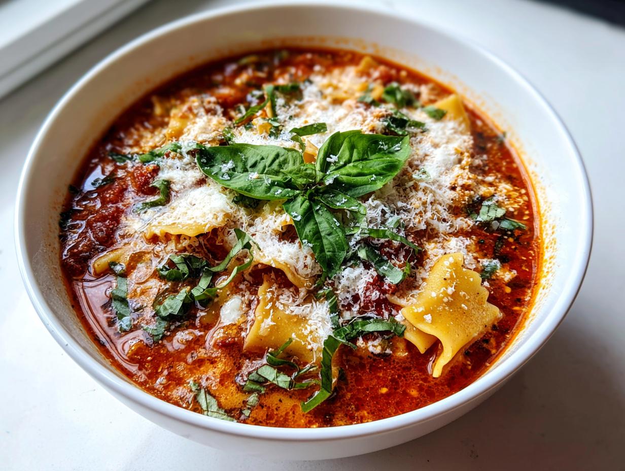 A bowl of lasagna soup topped with fresh basil, grated cheese, and lasagna noodles.
