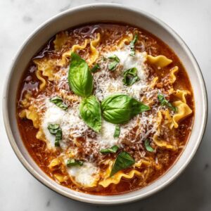 Overhead view of a bowl of lasagna soup, topped with cheese and fresh basil leaves. Hearty and delicious lasagna soup.