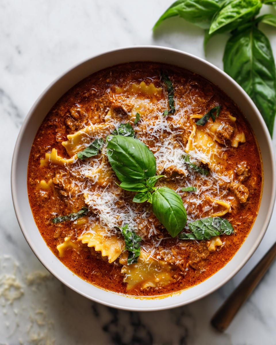 Overhead view of a bowl of lasagna soup, garnished with fresh basil and parmesan cheese.