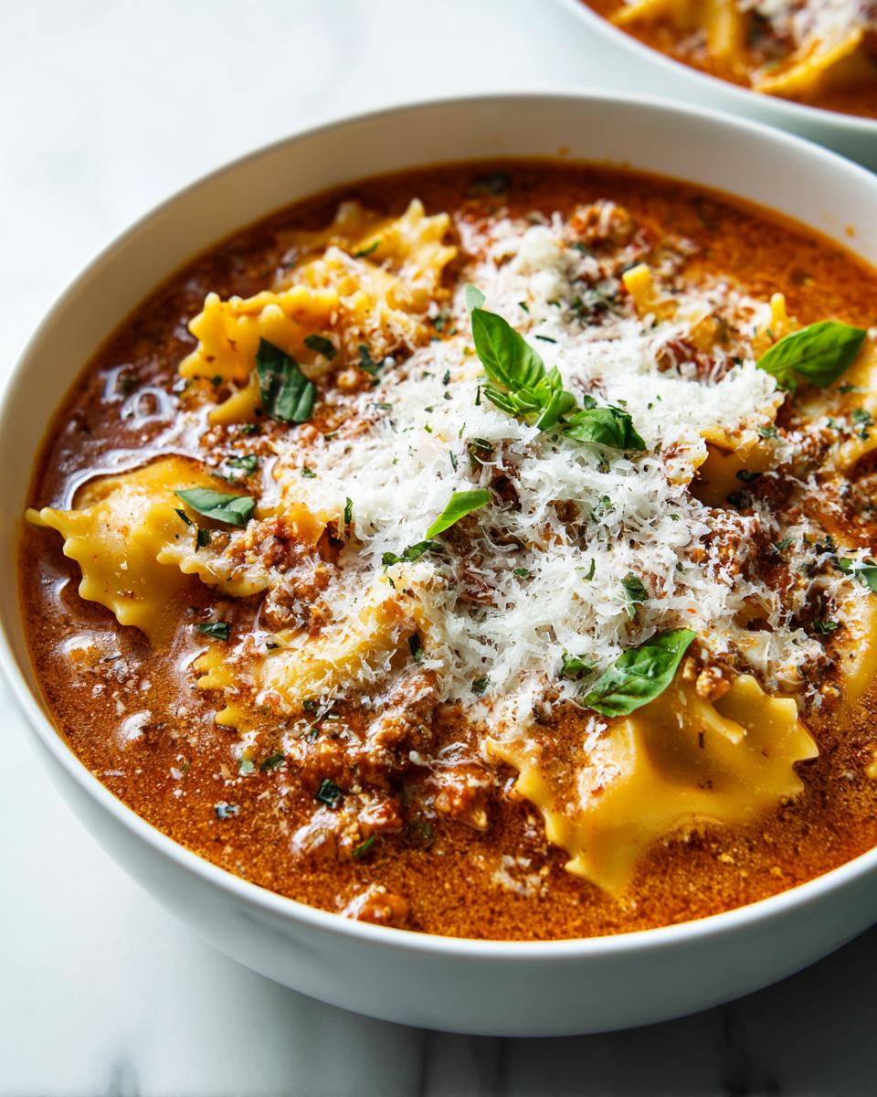 Close-up of a bowl of lasagna soup, featuring pasta, meat, and cheese, garnished with basil.