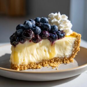 A slice of lemon blueberry icebox pie with a graham cracker crust, lemon filling, blueberry topping, and whipped cream.