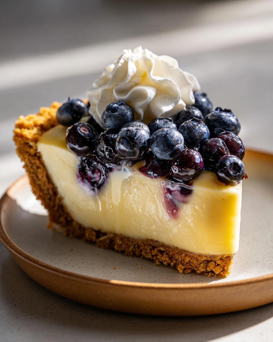 A slice of Lemon blueberry icebox pie with a graham cracker crust, lemon filling, blueberries, and whipped cream.