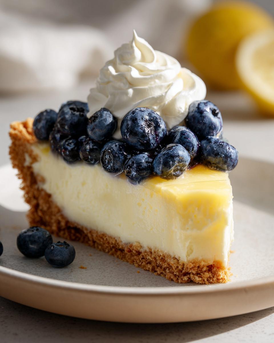 A slice of Lemon Blueberry Icebox Pie with graham cracker crust, lemon filling, blueberries, and whipped cream.