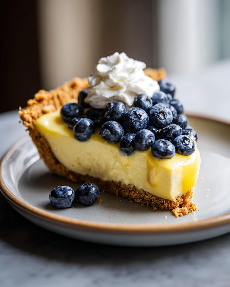 A delicious slice of Lemon blueberry icebox pie topped with fresh blueberries and whipped cream.