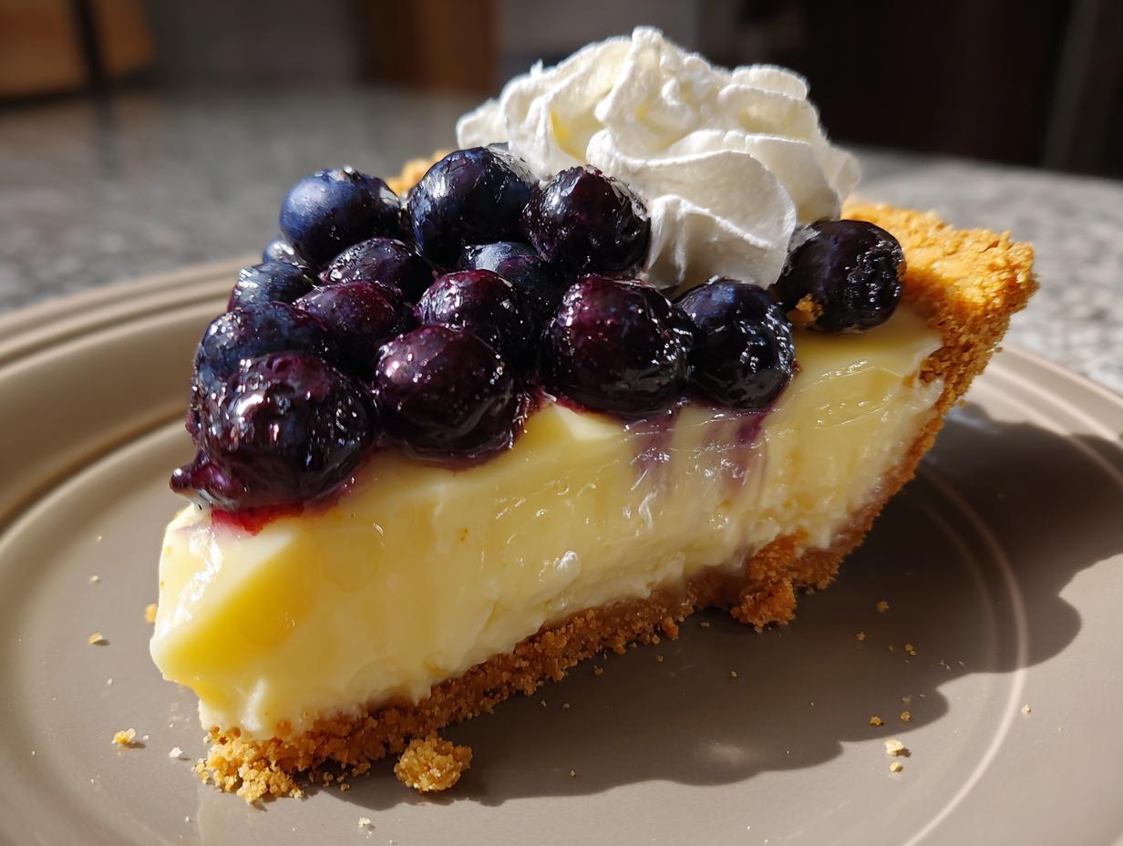 A slice of lemon blueberry icebox pie with a graham cracker crust, lemon filling, blueberries, and whipped cream.