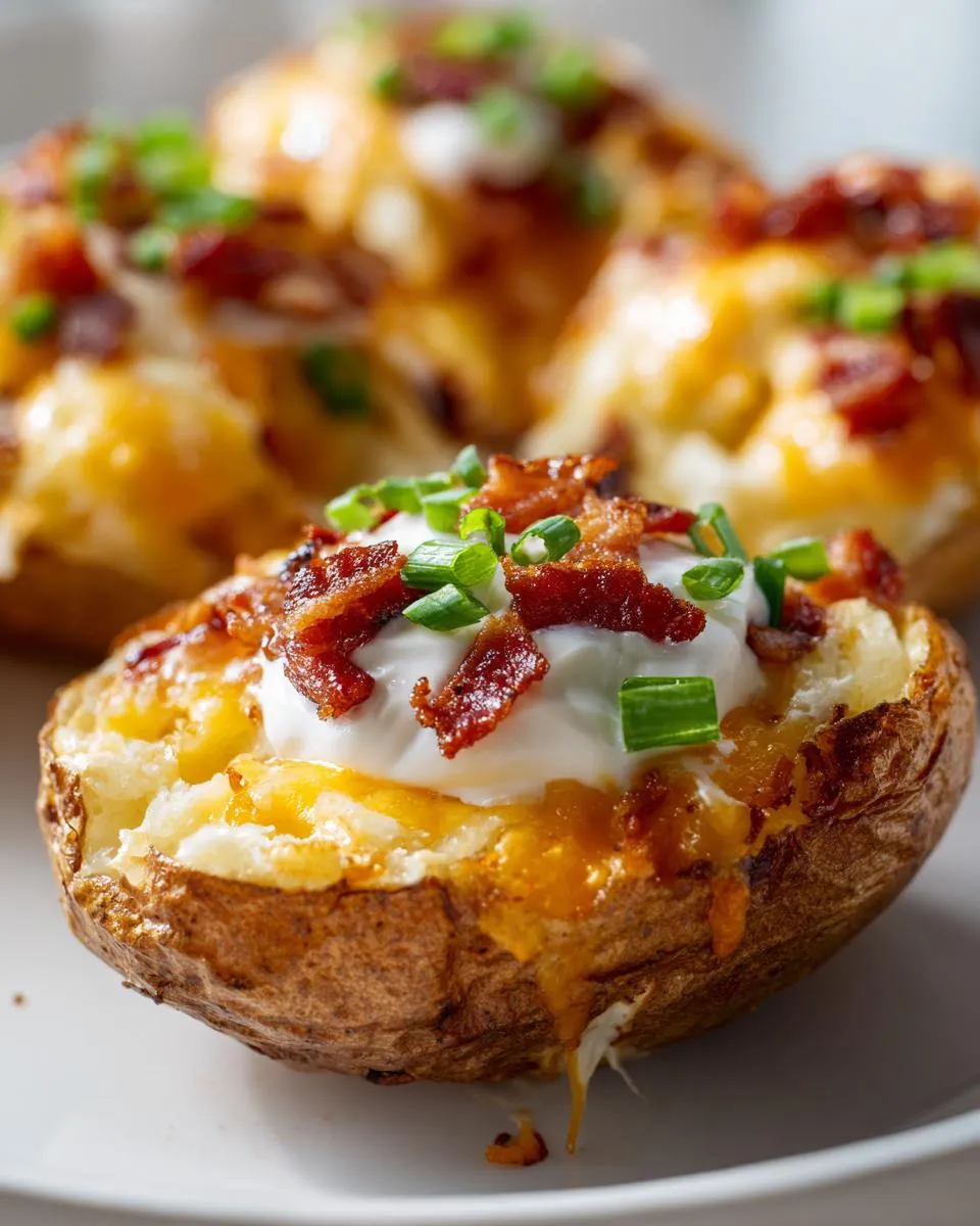 Close-up of crispy loaded potato skins topped with cheese, sour cream, bacon, and green onions.