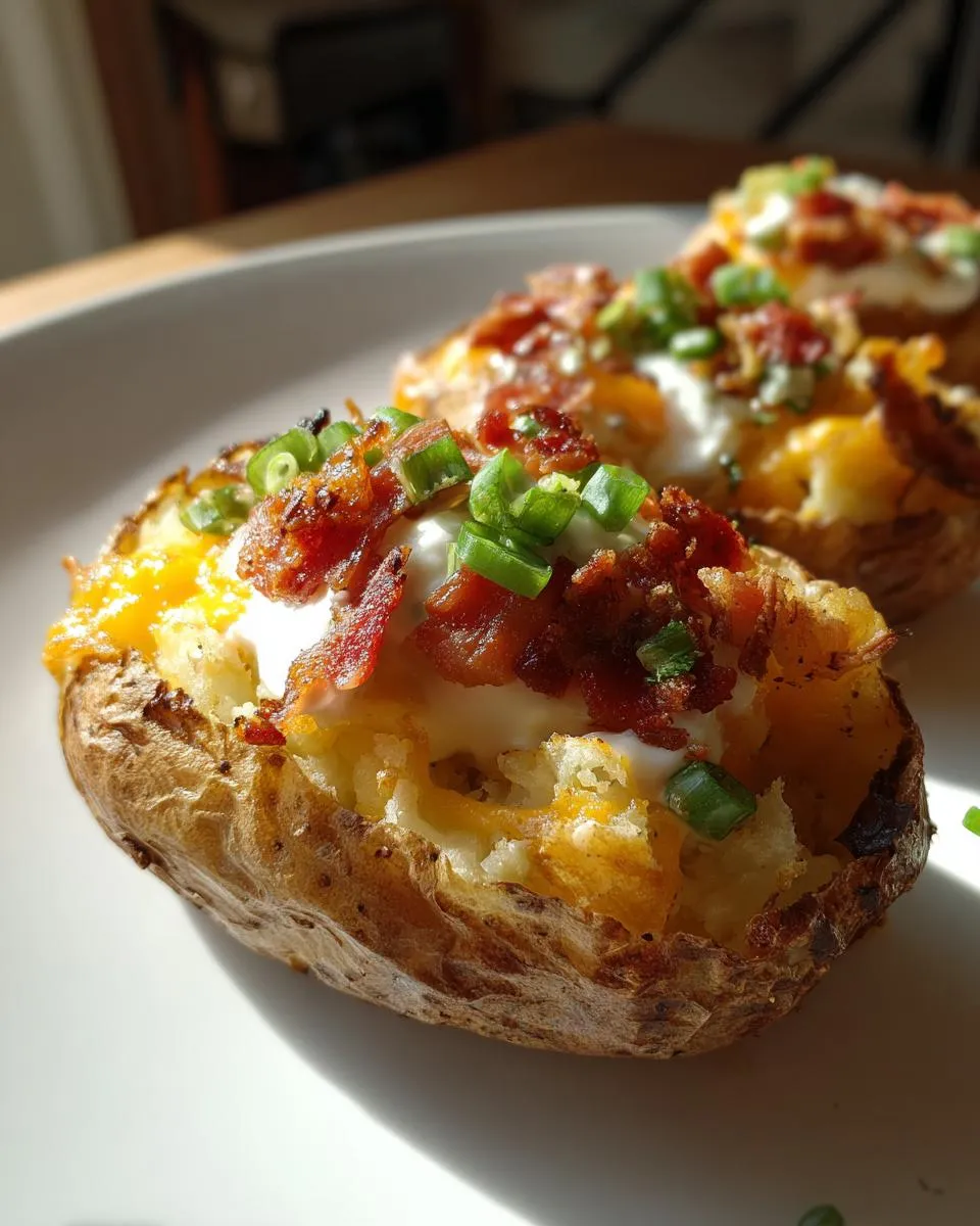 Three crispy loaded potato skins topped with cheese, sour cream, bacon bits, and green onions.