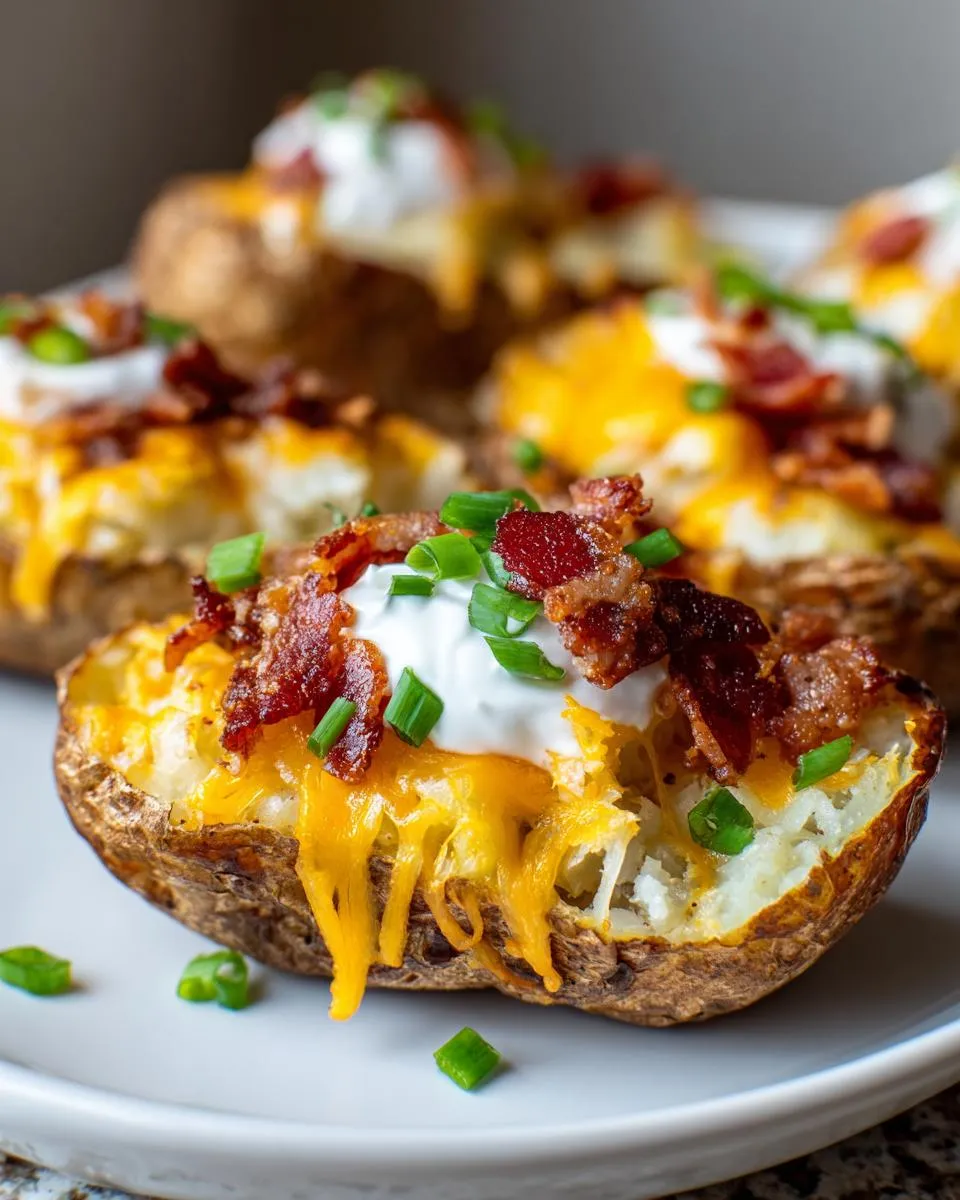 Close-up of crispy loaded potato skins topped with cheese, bacon, sour cream, and chives.