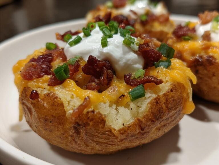 Close-up of loaded potato skins topped with cheese, bacon, sour cream, and chives.