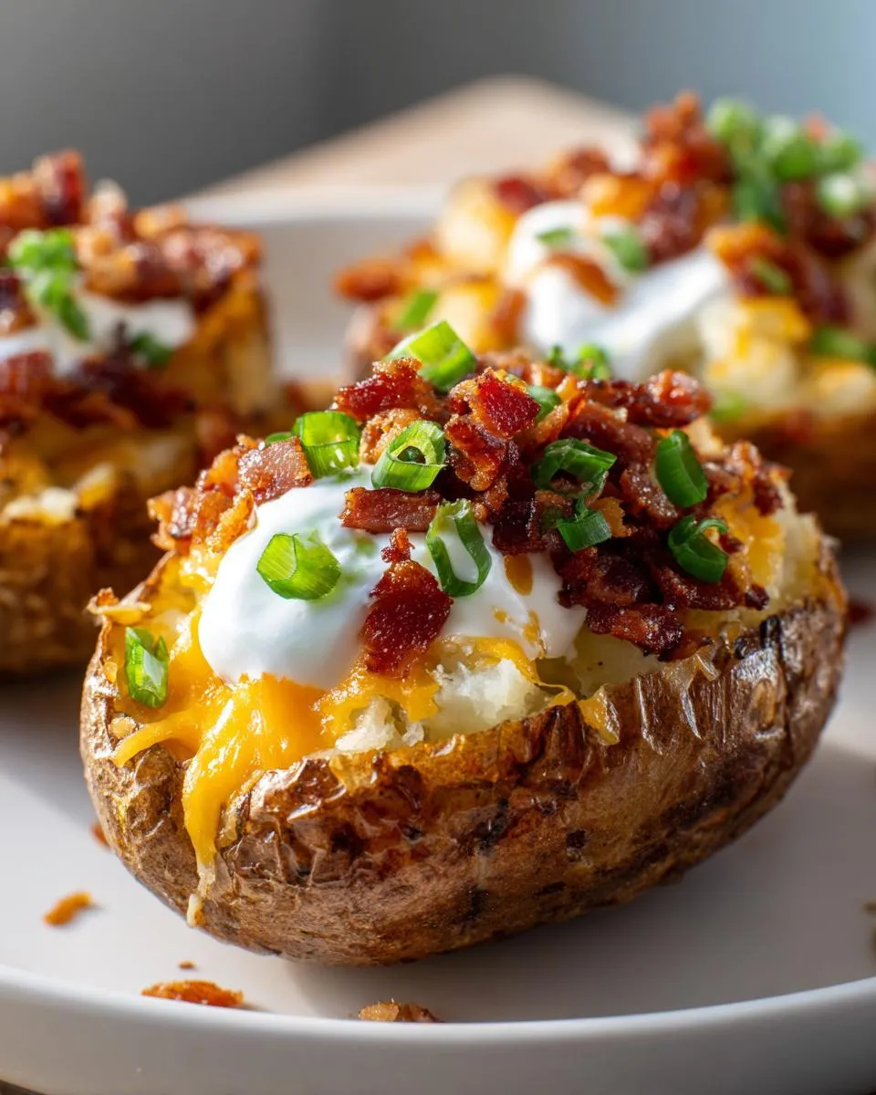 Three crispy loaded potato skins topped with cheese, sour cream, bacon bits, and green onions.