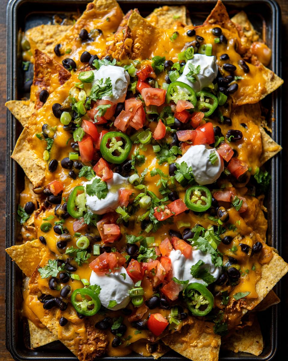 Overhead shot of loaded sheet pan nachos with cheese, black beans, tomatoes, jalapeños, sour cream and cilantro.