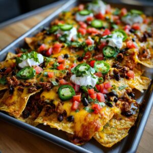 A sheet pan piled high with Loaded Sheet Pan Nachos, featuring melted cheese, beef, beans, and fresh toppings.
