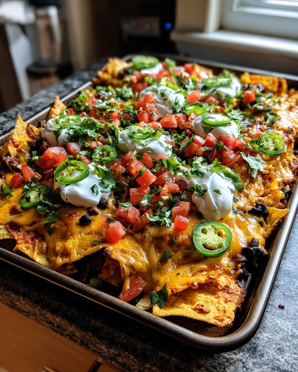 A sheet pan piled high with Loaded Sheet Pan Nachos, cheese, tomatoes, jalapenos, cilantro, and sour cream.