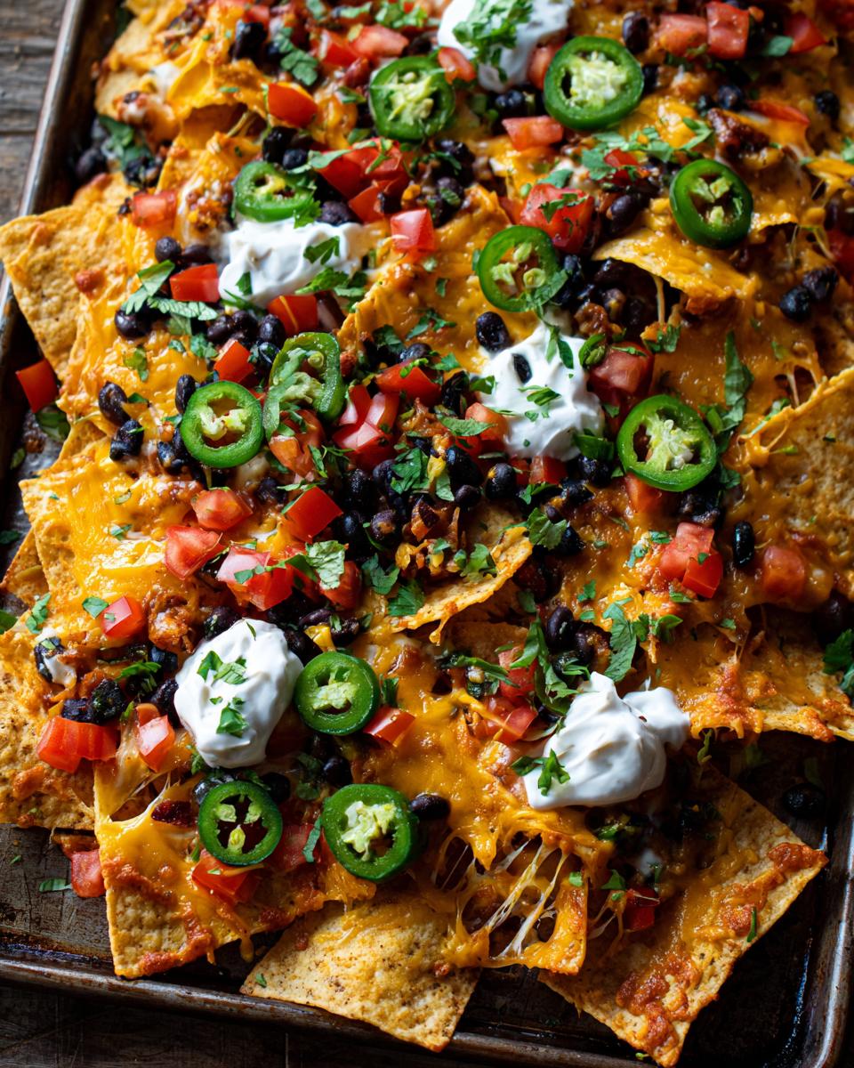 Overhead shot of loaded sheet pan nachos with melted cheese, black beans, tomatoes, jalapenos, and sour cream.
