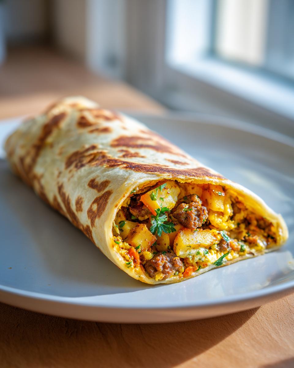 A close-up of a loaded Make-Ahead Breakfast Burrito filled with sausage, eggs, and potatoes on a white plate.