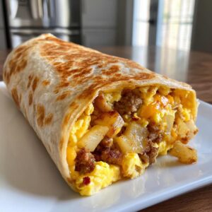 A delicious Make-Ahead Breakfast Burrito filled with eggs, sausage, potatoes, and cheese on a white plate.