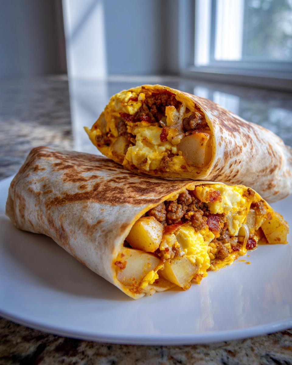 Two Make-Ahead Breakfast Burritos on a plate, one cut in half to show the filling of eggs, potatoes, and meat.