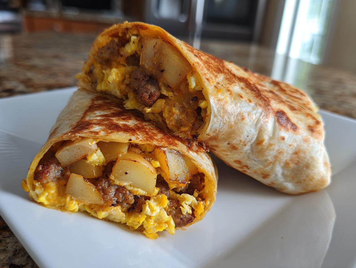 Two halves of a Make-Ahead Breakfast Burrito showing the filling of eggs, sausage, and potatoes.