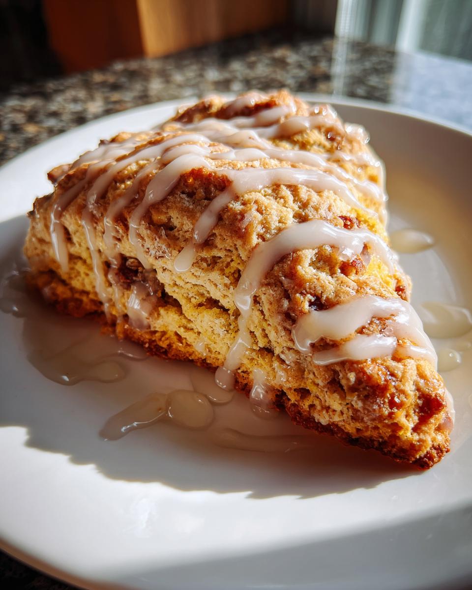 A single maple pumpkin scone on a white plate, drizzled with a sweet glaze.