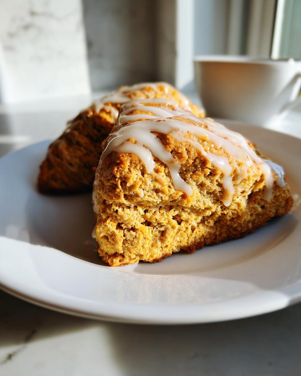Two maple pumpkin scones drizzled with glaze on a white plate next to a cup of coffee.