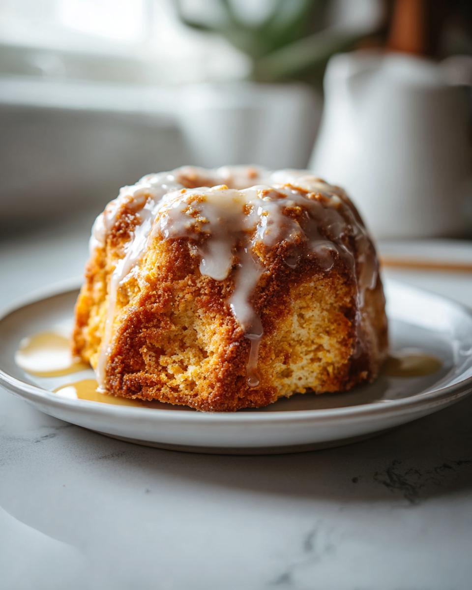 Close-up of a glazed maple pumpkin scones on a plate, drizzled with maple syrup.