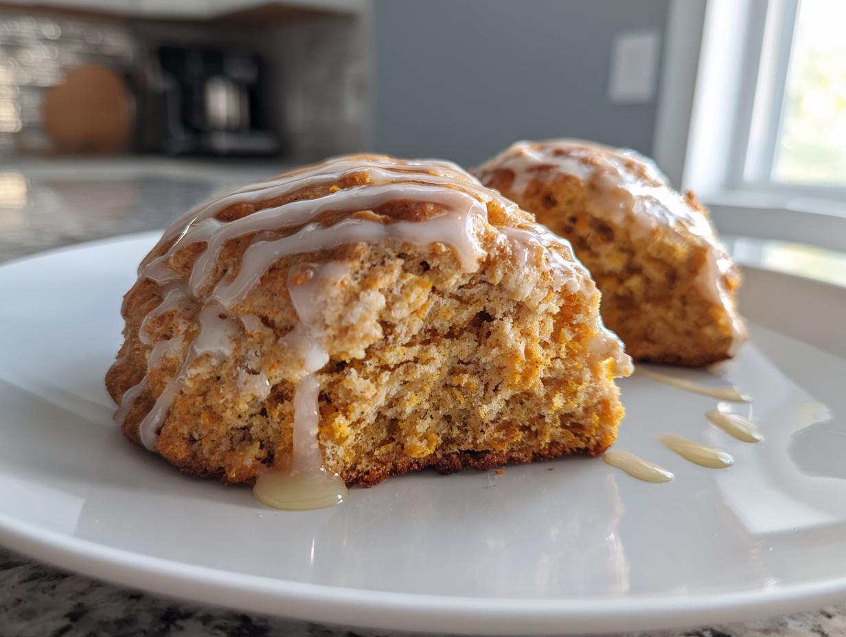 Two maple pumpkin scones on a white plate, drizzled with a sweet glaze.