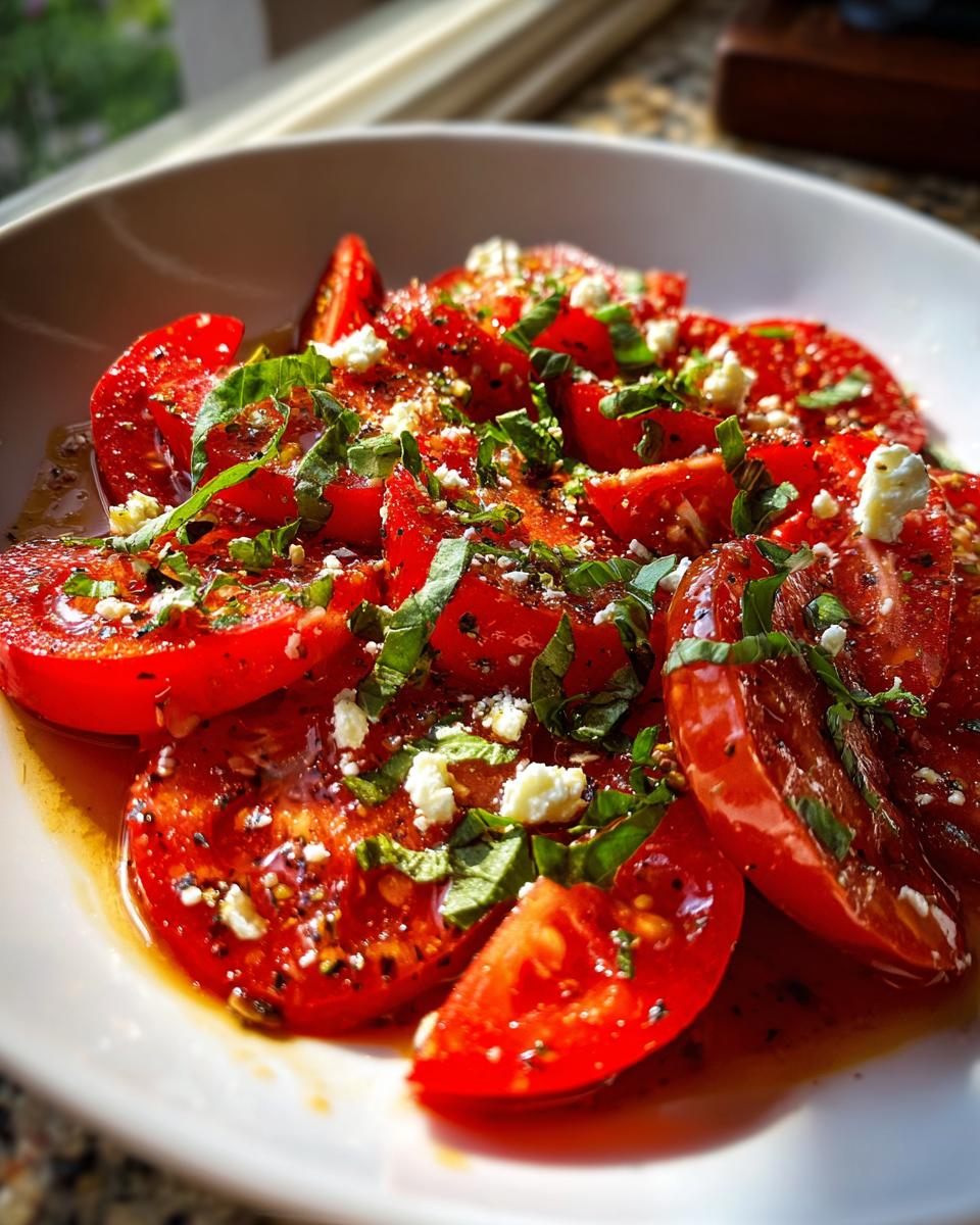 Close-up of a vibrant marinated tomato salad with fresh basil and feta cheese crumbles.