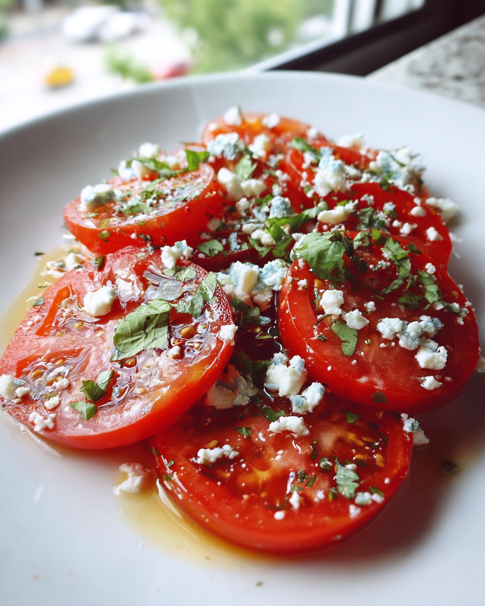 Close-up of a vibrant marinated tomato salad topped with blue cheese and fresh herbs.