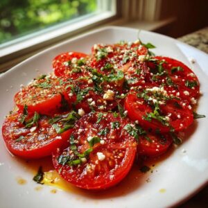 A vibrant marinated tomato salad with sliced tomatoes, feta cheese, and fresh herbs on a white plate.