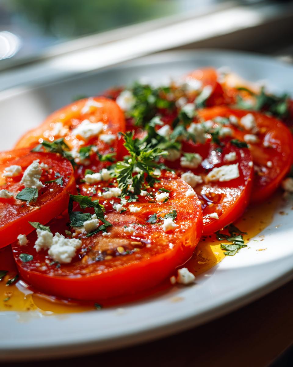 Close-up of a vibrant marinated tomato salad with feta cheese and fresh herbs.