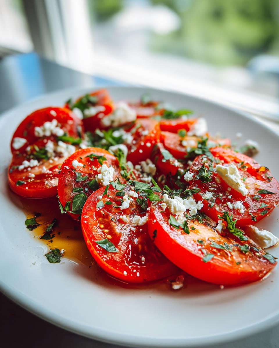 Close-up of a vibrant marinated tomato salad with sliced tomatoes, feta cheese, and fresh herbs.