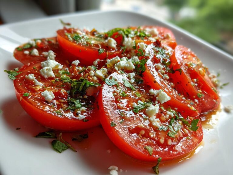 Close-up of marinated tomato salad with feta cheese and herbs on a white plate.