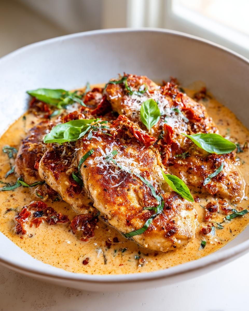 Close-up of Marry Me Chicken in a creamy sauce with sun-dried tomatoes and basil.