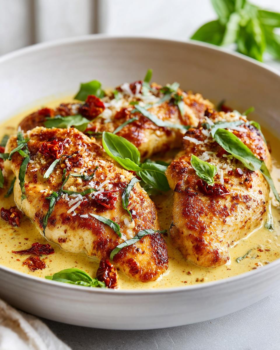Three pieces of Marry Me chicken in a creamy sauce, garnished with basil and sun-dried tomatoes.